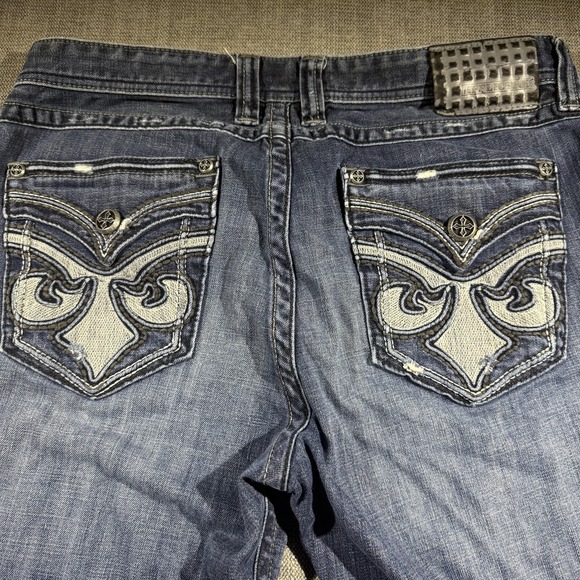 Affliction Black Premium Jeans Mens 36x32 Blue Blake Straight Buckle Distressed - Picture 8 of 9
